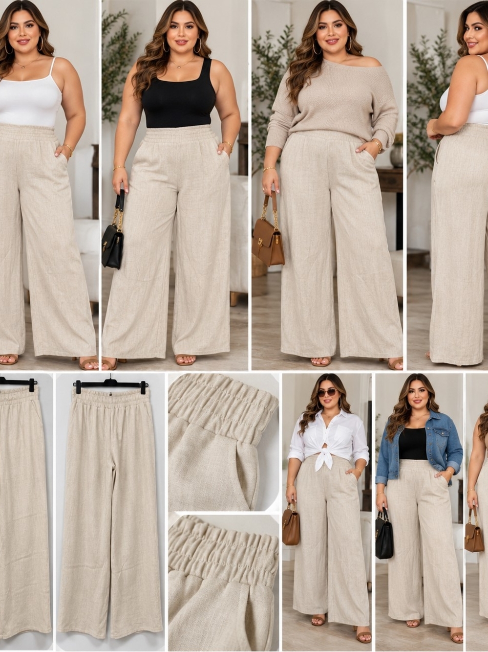 Max Studio Beige Wide-Leg Elastic-Waist Pants